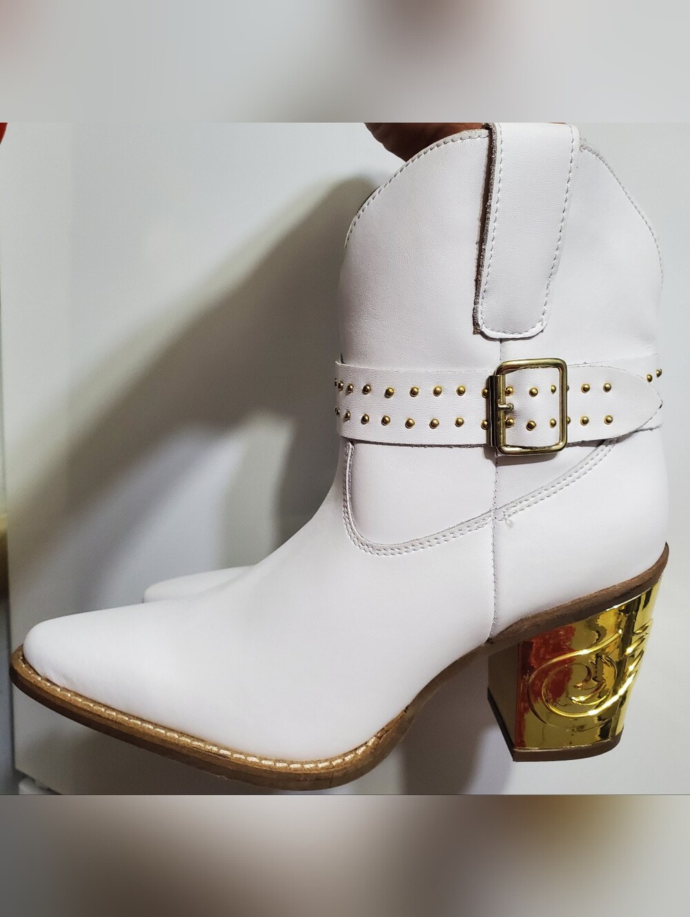 White Western Ankle Boots with Gold Studs and Buckle